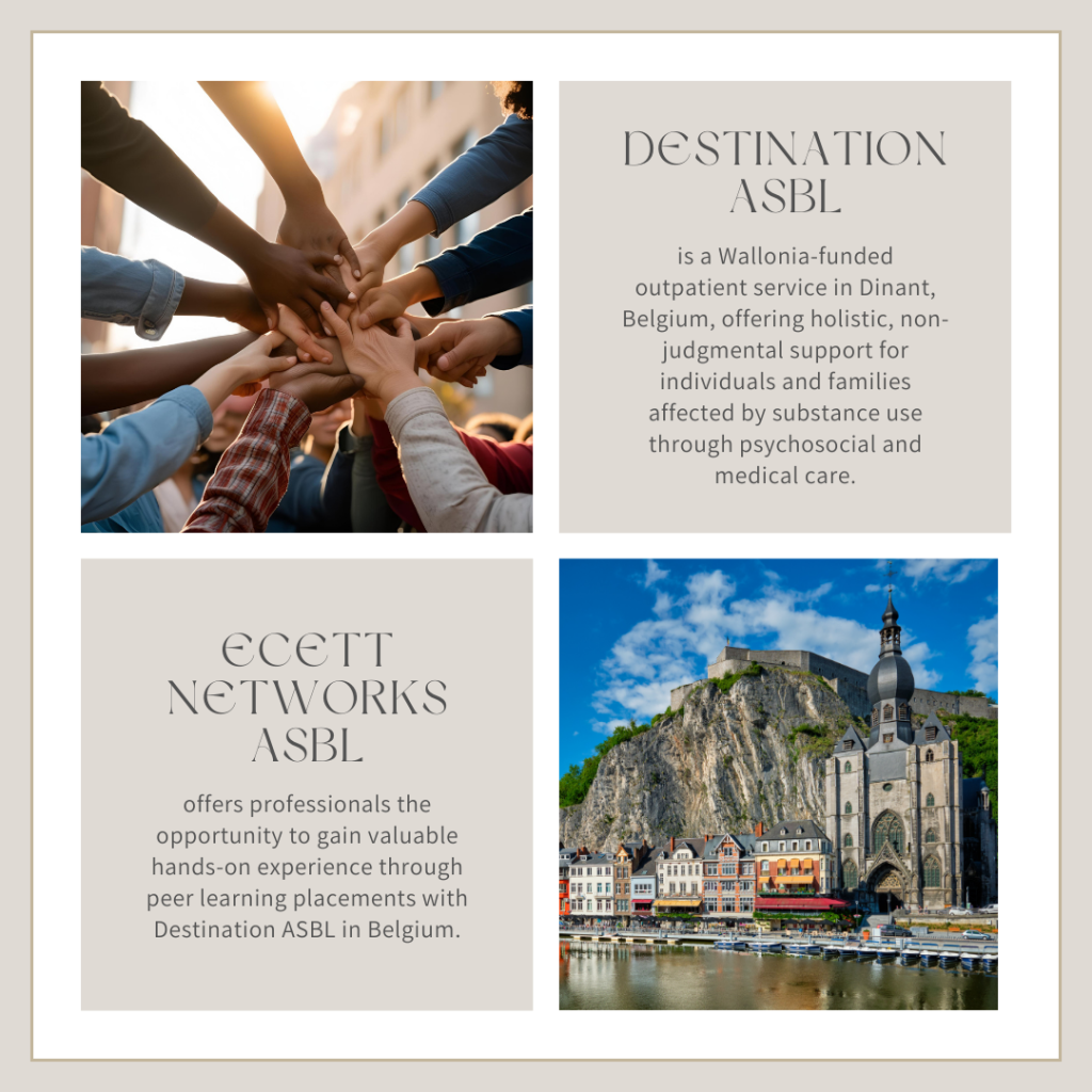 Psychosocial support session at Destination asbl in Dinant, Belgium – part of Ecett Networks' peer learning program on addiction recovery